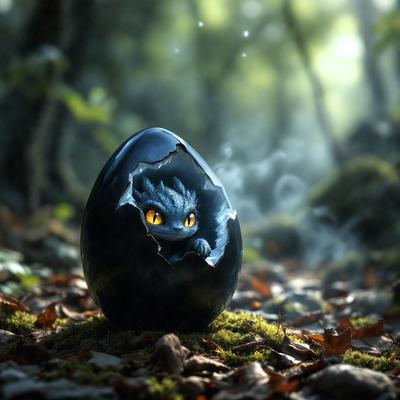 The primary subject of the image is a dragon, which is depicted as a small, cute creature. It is sitting inside an egg, which is placed on a bed of leaves. The setting is a forest, with trees visible in the background. The visual style of the image is a combination of photo and digital art, creating a unique and captivating scene. The colors and mood of the image are warm and inviting, with the dragon and the egg being the main focus of the composition.